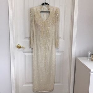 Cream sequin full length dress wedding.